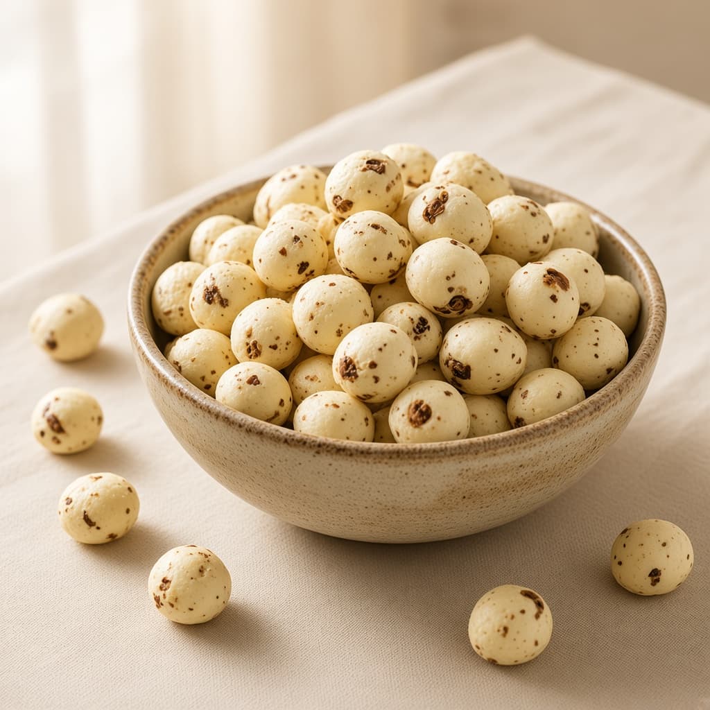 A ceramic bowl of roasted white makhana
