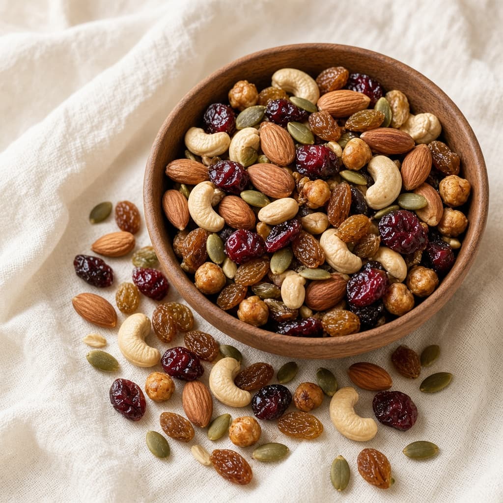A wooden bowl of nuts, seeds, and dried fruit